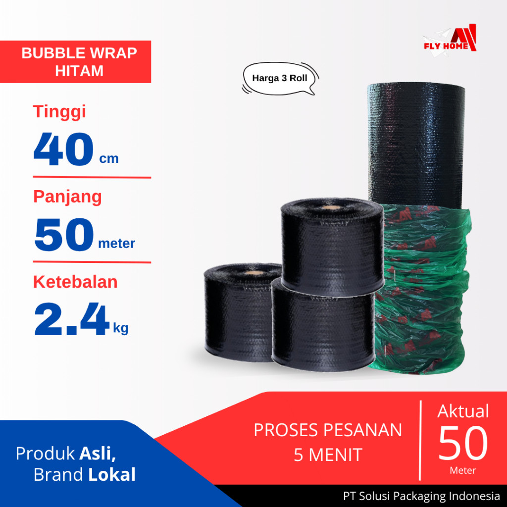 

FLYHOME Bubble wrap hitam 40cm potongan 2,4kg 3 roll hitam 40x50meter