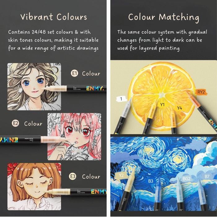 

TERLARIS! ENMY Acrylic Marker Soft Tip Pen Paint Drawing Colouring Painting Art Pen Tinta Stationery - 24 warna