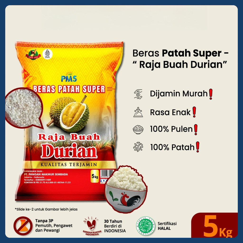 

[BERAS PATAHAN] Beras PATAH SUPER - RAJA BUAH DURIAN 5 kg - Dijamin Murah - Rasa Enak - 100% Pulen - 100% Patah - Produk Indonesia