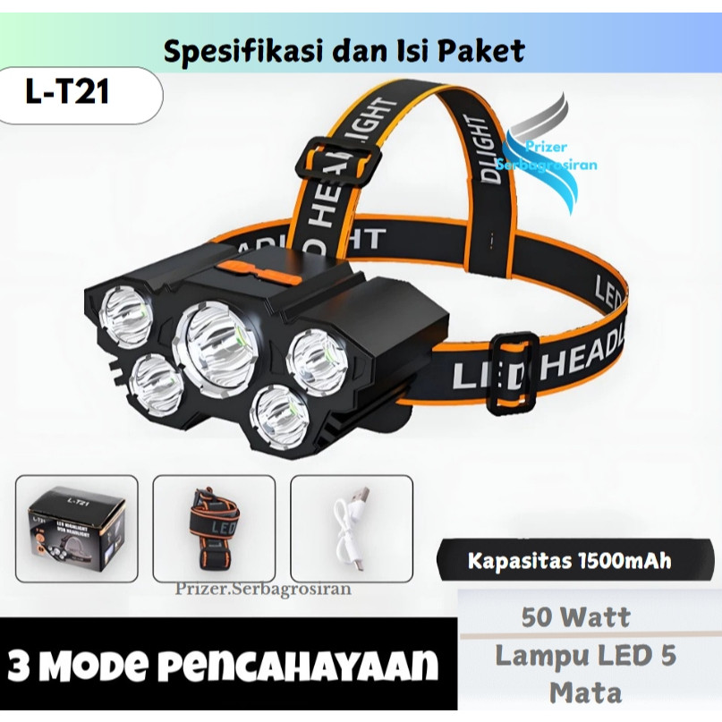 Senter Kepala 40 Watt L-T21 5 Led Rechargerable 4 Mode Cahaya Lampu Senter 50Watt
