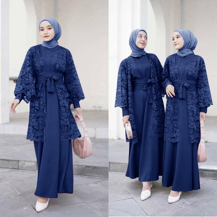 Maxi gamis kondangan cardigan 2in1 bisa busui bahan brukat gliter QA - Biru, CARDI SAJA