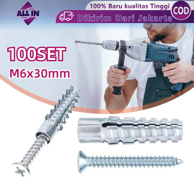 100set Angkur Baut Tembok Sekrup 6x30mm Angkur Baut Tembok Wall Anchor Tembok Sekrup Dinding Tembok 