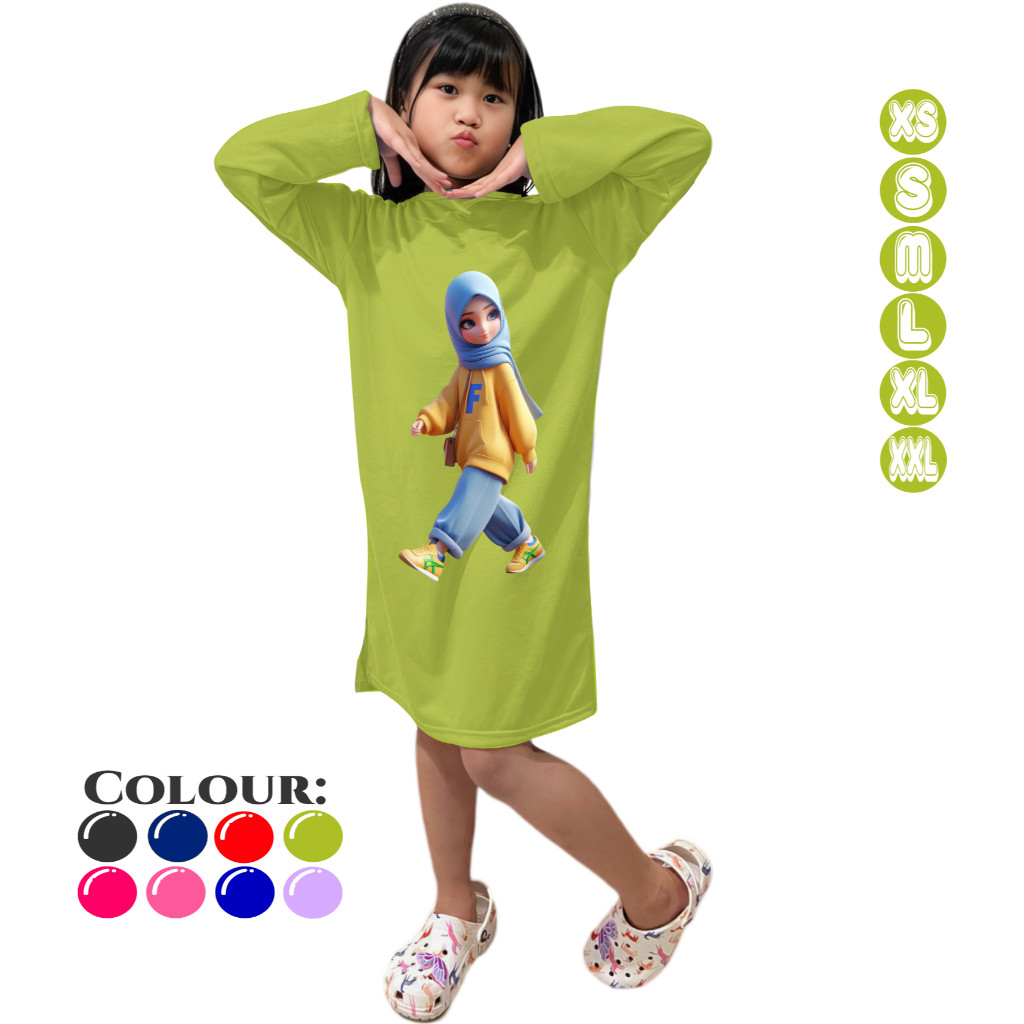 Tunik Anak Perempuan 3-15 Tahun Motif HIJAB F Hijau Lemon
