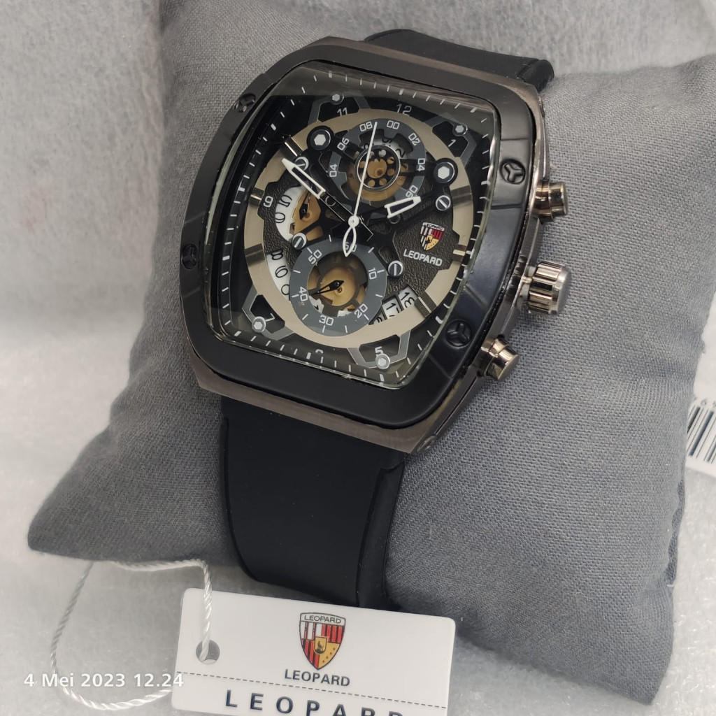 Jam Tangan Pria Sport Leopard-8802 Tali Rubber Body Segi Chrono Tanggal Aktif Box Exclusive