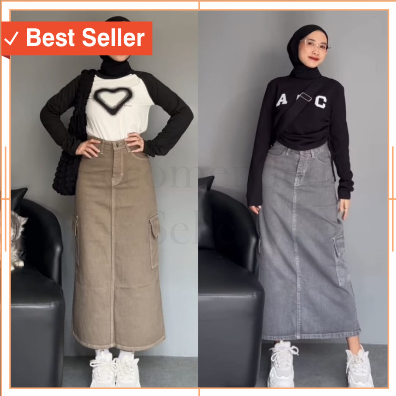 Bawahan Wanita Keren Promo Diskon Kekinian Korean Style / Rok Cargo Jeans Span Polos Wanita Skrit Ro
