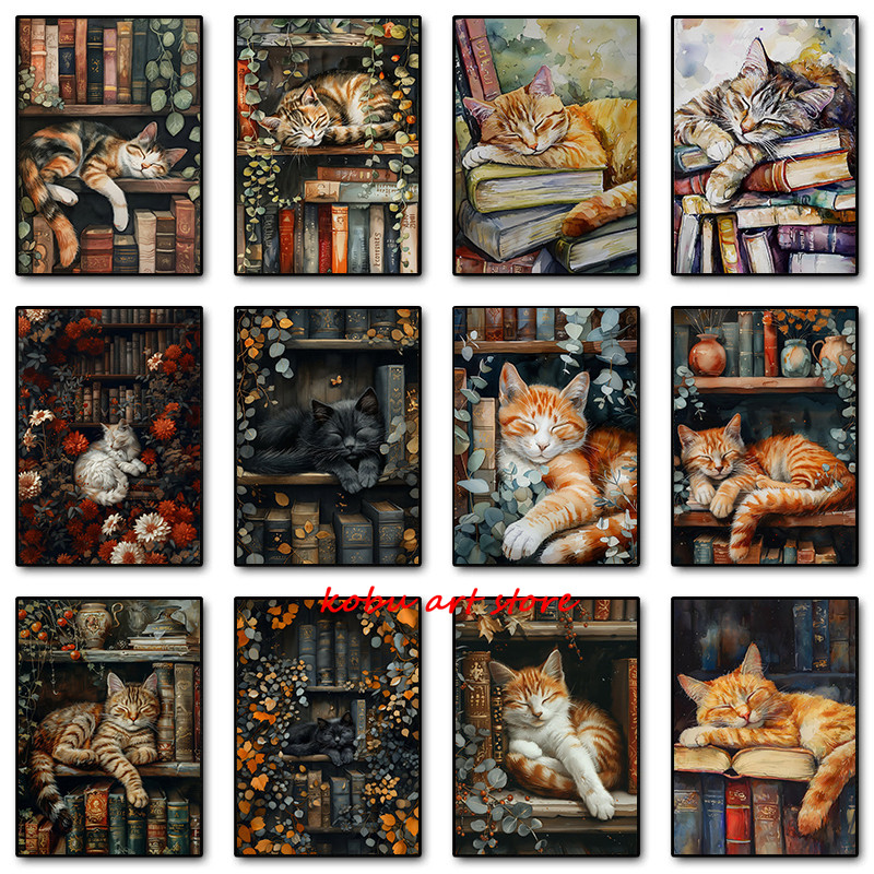 

Vintage Sleeping Cat Antique Posters Canvas Printing Stack Books Lazy Cat Bookish Wall Art Picture for Library Home Room Decor
