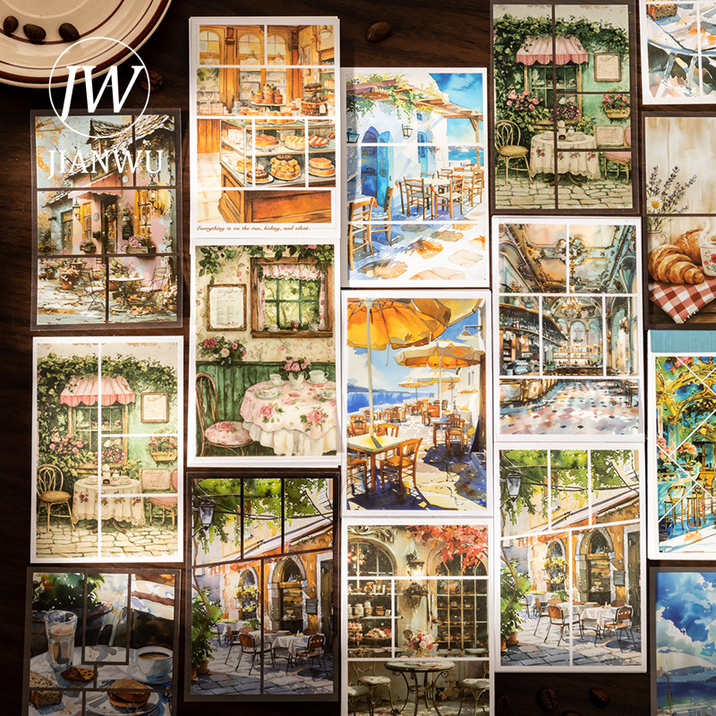 

JIANWU Go To A Coffee Place Series Vintage Cafe Landscape Material Collage Sticker Book Creative Journal Scrapbook Stationery