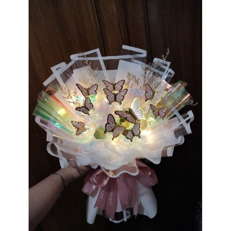 PROMO!Buket Kupu-Kupu Free LED Mix Hologram / Buket Kupukupu LED / Butterfly LED / Bouquet Bunga Kup