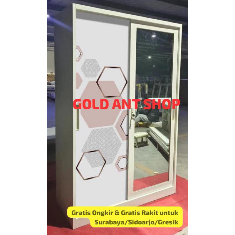 Lemari Pakaian Sliding Besi Jumbo 2 Pintu Kaca / Lemari Baju Pakaian sliding Besi Lebar 120 Jumbo Ka