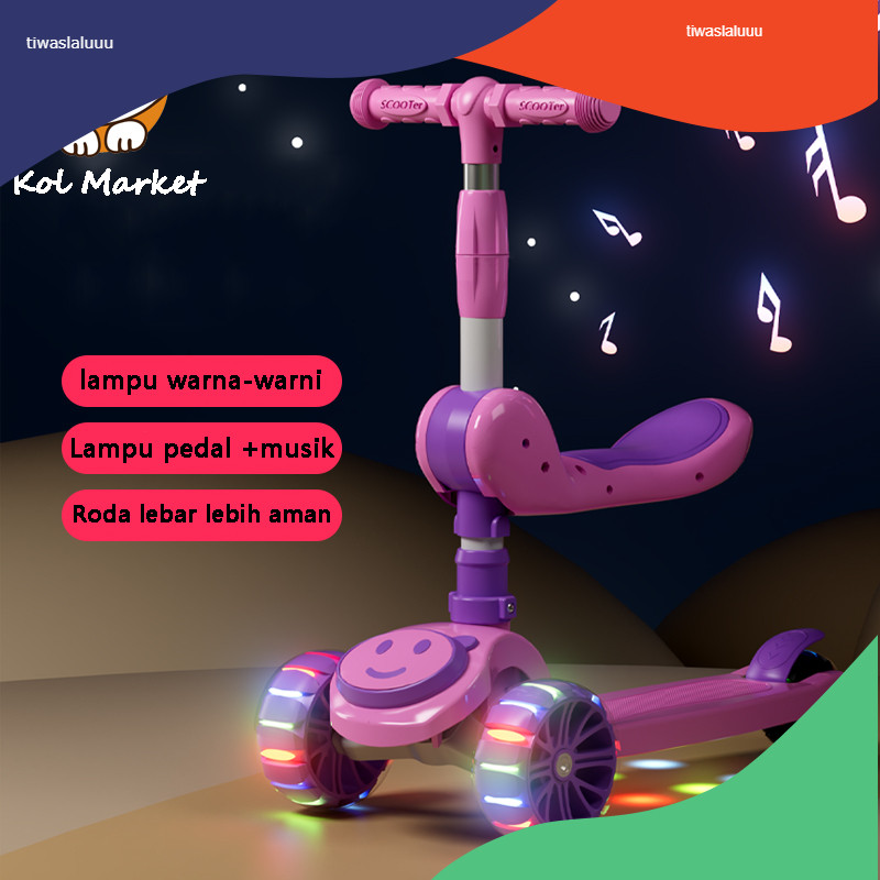 Skuter Anak 3 Roda Skuter Lampu Led Skuter Roller Skateboard Dapat Disesuaikan untuk 2-8 Tahun Anak 