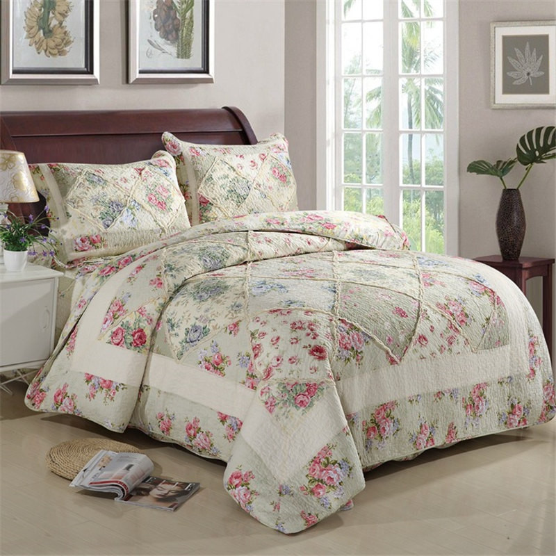 Korean Floral Plaid Patchwork Bedspread for Bed Double Cotton Quilted Bed Cover Set Coverlet Summer 