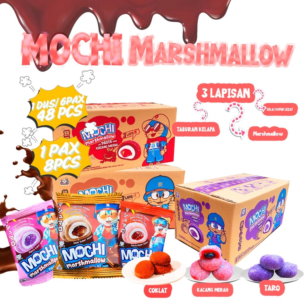 

MOCHI MARSHMELLOW SIDORE ( 24PCS DAN 48PCS) 3LAPISAN KHAS JEPANG CEMILAN ANAK SNACK MOCI KENYAK LEMBUT ENAK RASA COKLAT TARO KACANG MERAH MAKANAN VIRAL MOCHI VIRAL