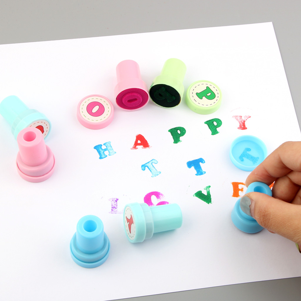 

26 Pcs Alphabets Letters Round Stamp Seal Children Gifts Toys Self Inking Scrapbooking Plate Ink Pads Stamper