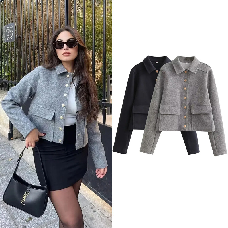 TRAF Women's Aviator Black Jacket Wool & Blends Coats Cropped Bomber Jacket  Autumn Winter Demi-seas