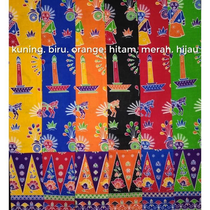 selendang / syal / cukin betawi pria motif monas , ondel ondel , pucuk rebung warna merah hitam oren