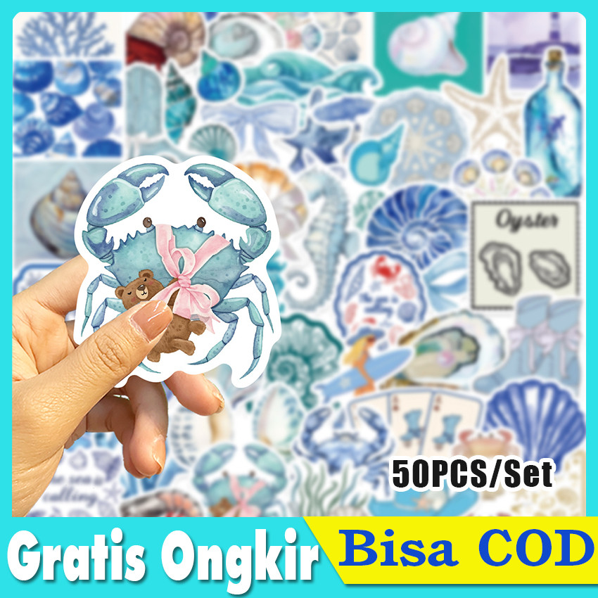 

50 Lembar Stiker Dekorasi Aesthetic Biru Laut - Motif Kehidupan Laut INS untuk Buku Journal, Casing HP, Laptop & Helm