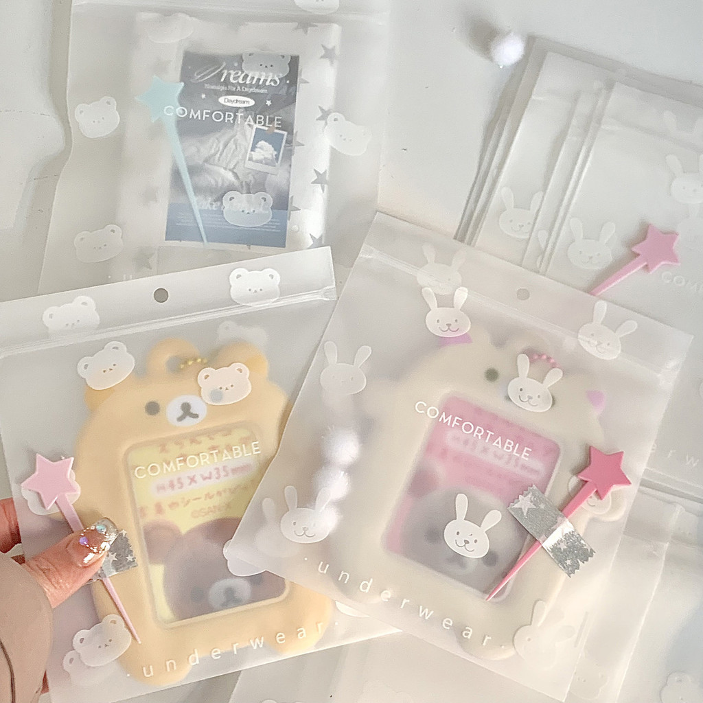 10Pcs INS Cute Cartoon Bear Rabbit Transparent Frosted Valve Bag Kawaii Kpop Card Sticker Packing Ba
