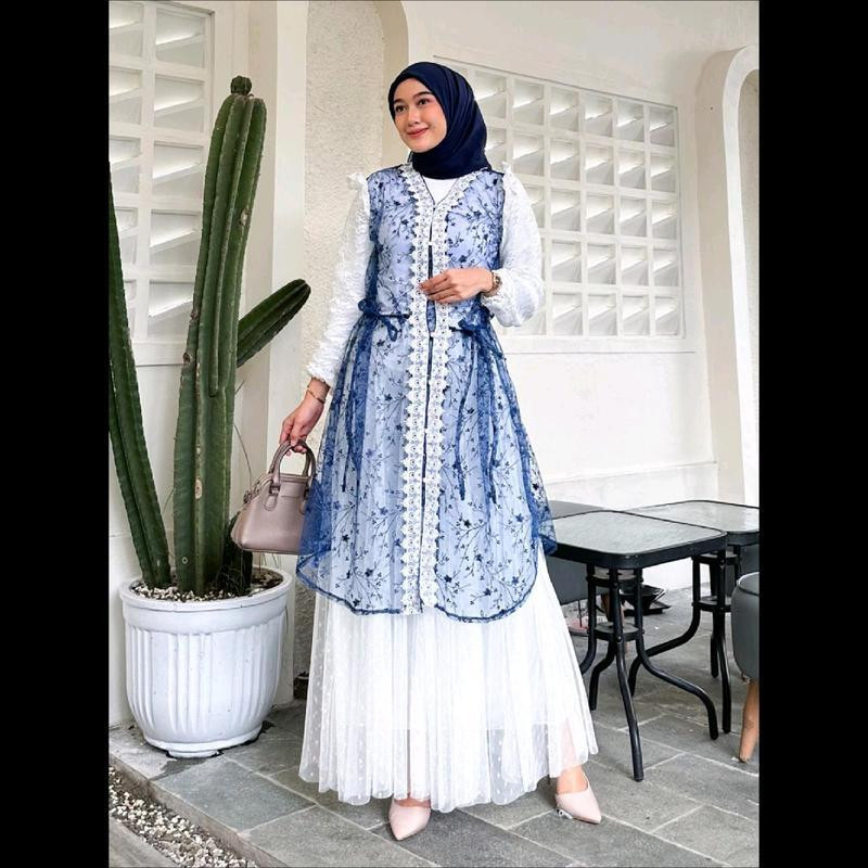Gamis Motif Bunga dan Rok Tutu Putih Yuka Setelan Baju Lebaran Kondangan Wanita Brokat Renda Pesta