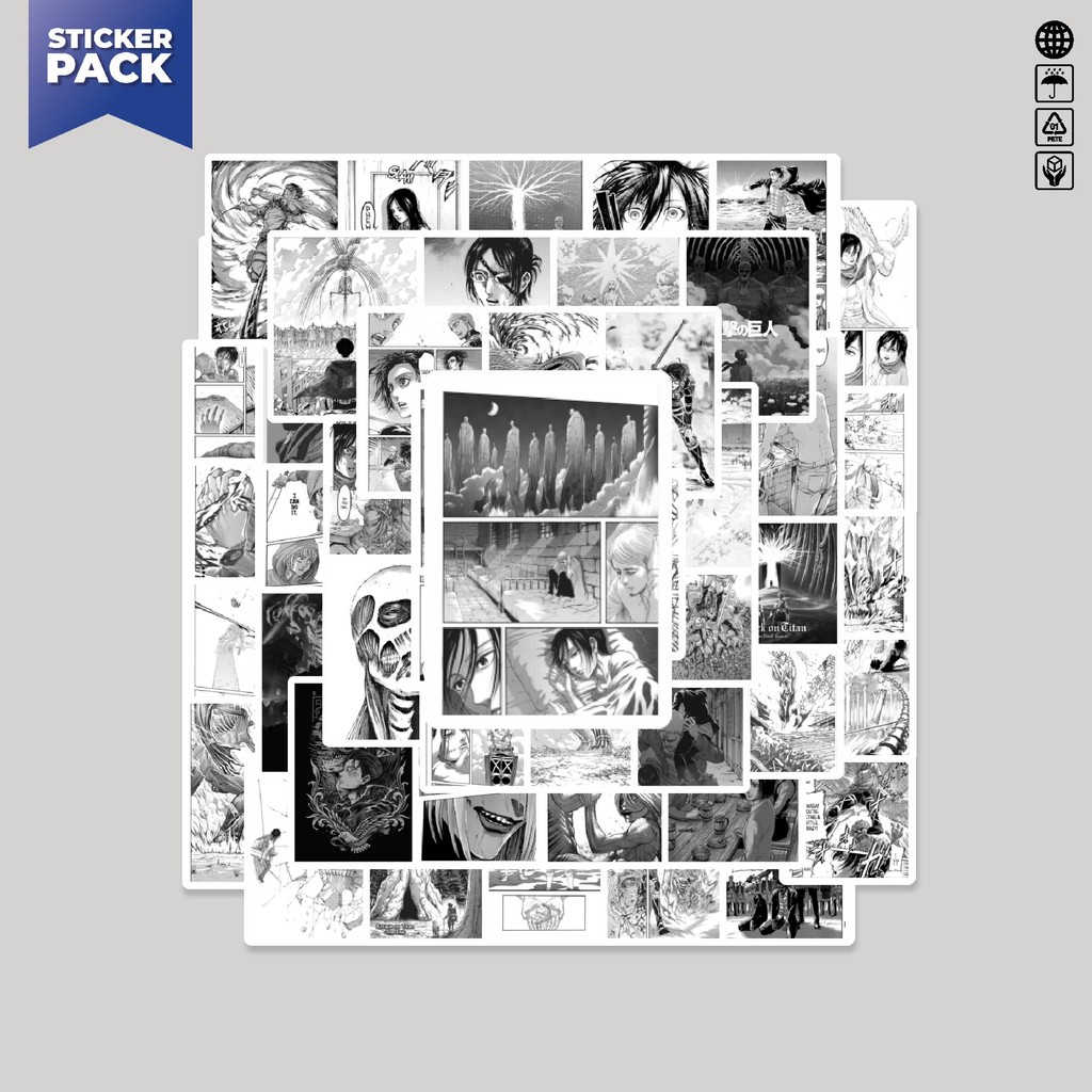 

[100PCS]Stiker Pack Stiker Komik Attack On Titan B&W Aesthetic Vinyl Anti Air Dekorasi Sticker Laptop Buku Journal Koper Helm Casing HP Gitar Helm Skateboard