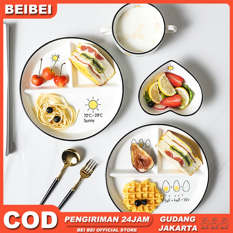 Piring Sekat Tiga Diet Keramik Estetik ala Korea / Keramik Estetik Piring Makan Terkotak / Piring Sa