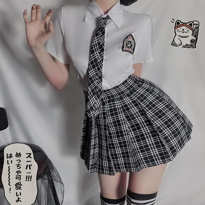 Baju Seragam Wanita Cosplay Seragam kostum Sekolah Kotak-Kotak Set A232 Lingerie - Putih, L