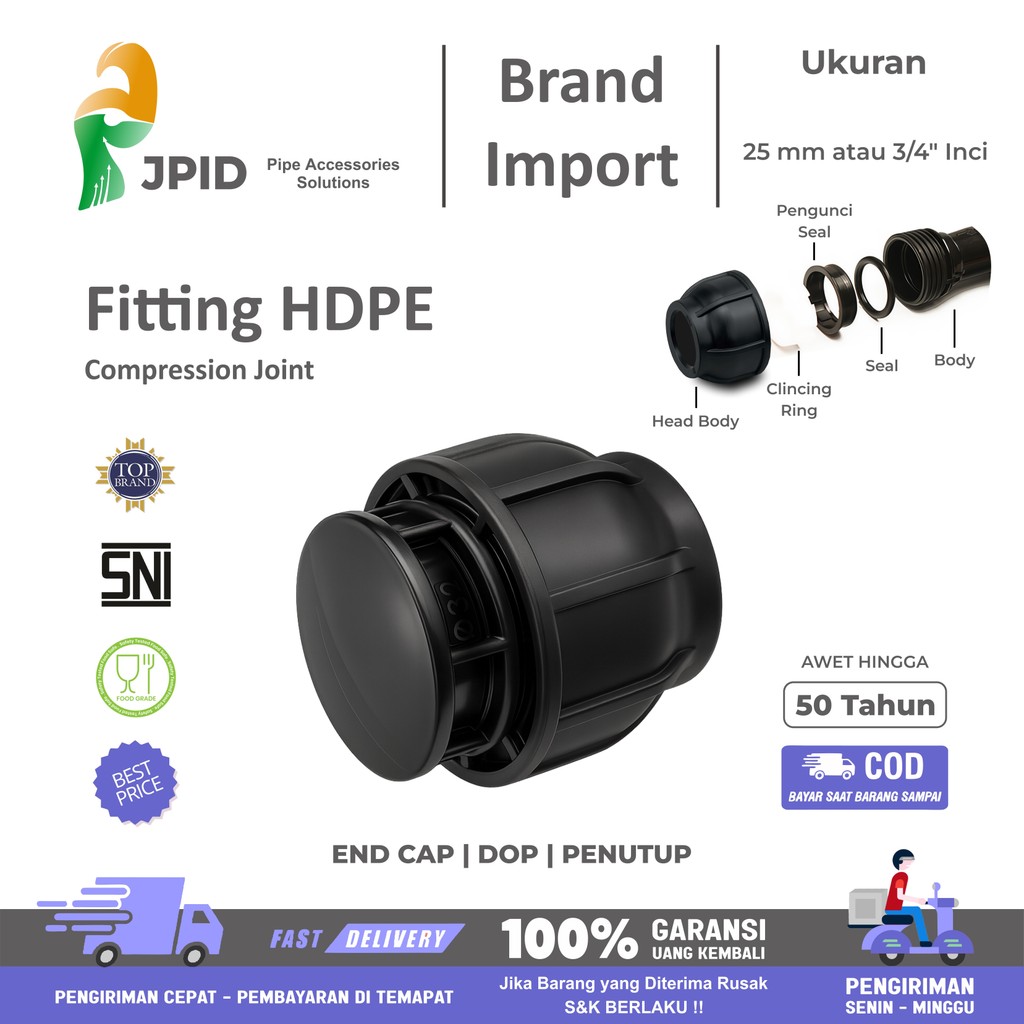 End Cap HDPE 25mm atau 3/4 Inch | Dop Compression Joint | Penutup Bahan PP
