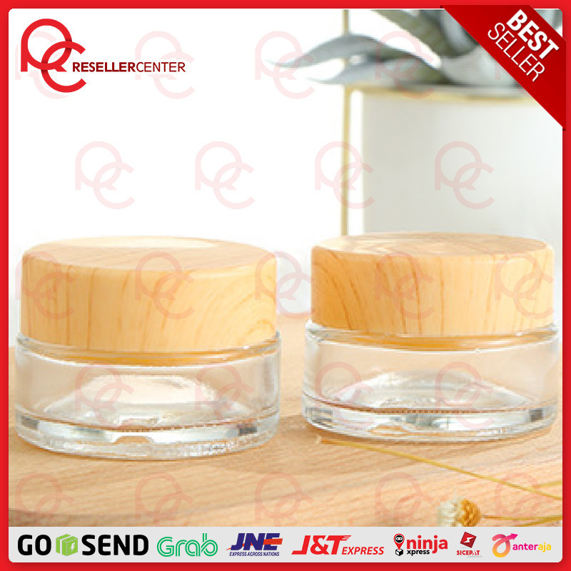 [POT CREAM KAYU] Botol Kaca Pot Cream Bening Tutup Motif Kayu 20mL / Pot Jar Solid Cream Bottle 20 g