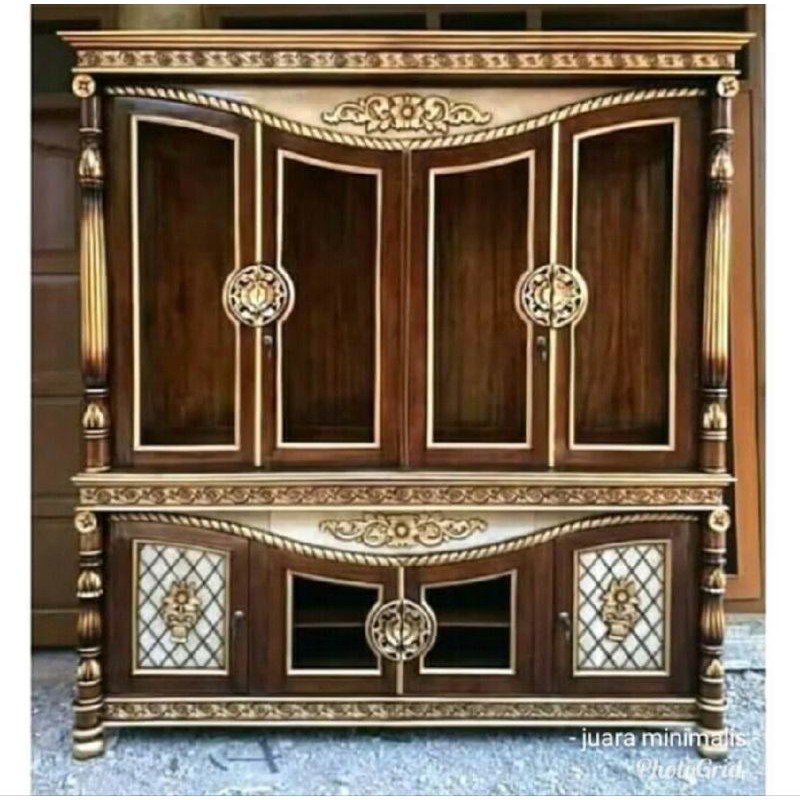 Lemari Pajangan Kaca Kayu Jati/Bufet Ruang Tamu Hias Minimalis