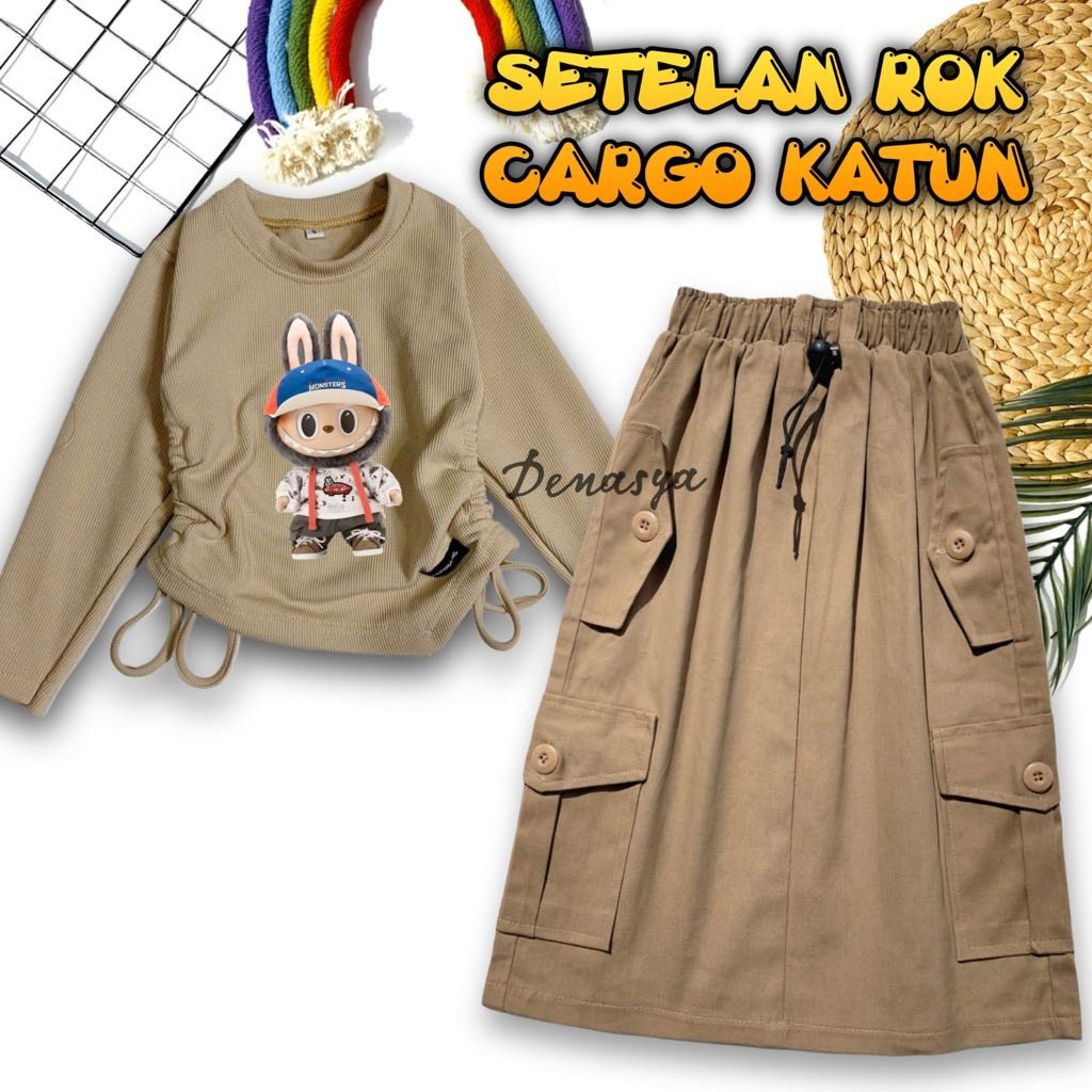 FLASH SALE/ SETELAN OOTD KNIT ANAK PEREMPUAN TERBARU / KAOS KNIT SERUT MOTIF SABLON / ROK CARGO KATU