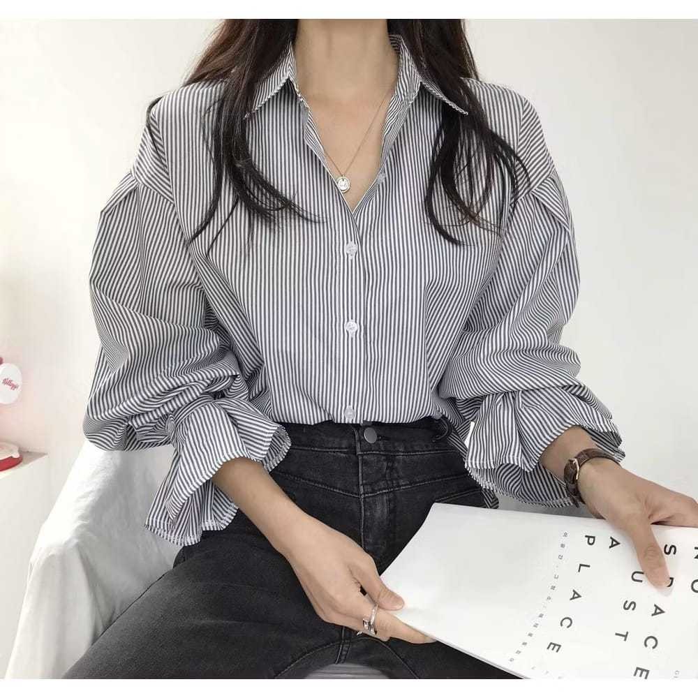 Atasan Katun Salur Kemeja Katun Salur Garis-Garis Vintage Lengan Panjang Wanita Salur Garis-Garis Vi