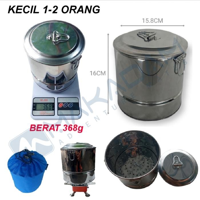 JAMIN MURAH langseng kukusan nasi mini nesting cooking set stainless steel camping - Kecil 1-2 Orang