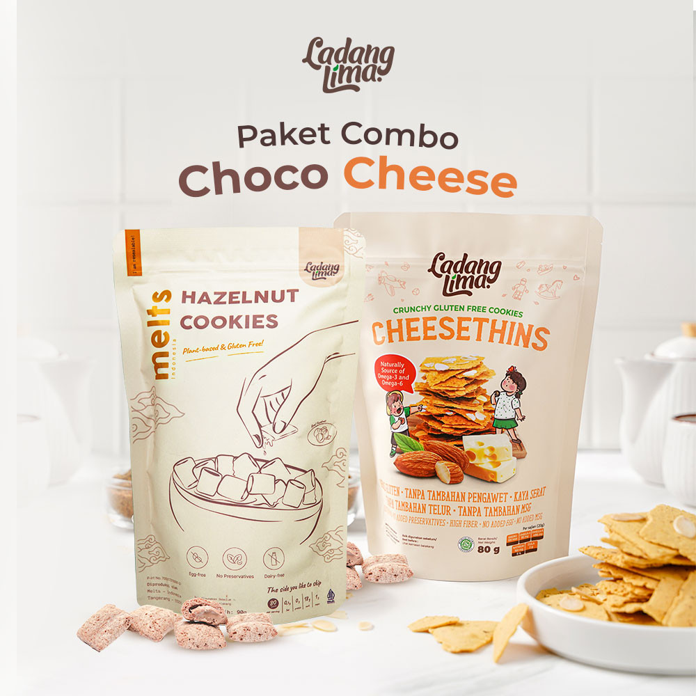 

Paket Combo Choco Cheese (Melts & Cheesethins) Ladang Lima - Cookies Snack Gluten Free With Protein