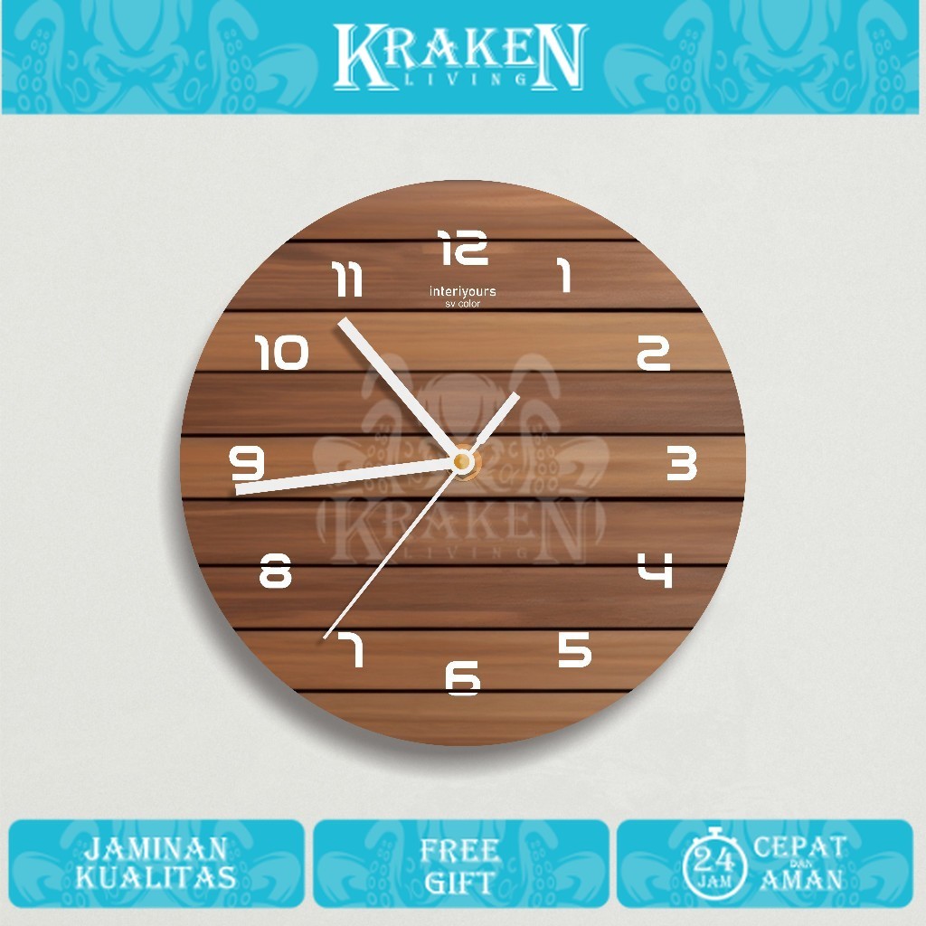 Jam Dinding Estetik Bulat 29cm Tekstur Kayu Semen Mesin Silent Movement Tanpa Suara 【KRAKEN LIVING】