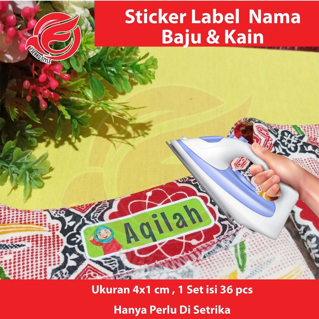 

Sticker Label Nama Kain Baju Kaos Sablon Setrika Sticker Iron Custom (Per Pack isi 36 Pcs) ukuran 4x1 cm