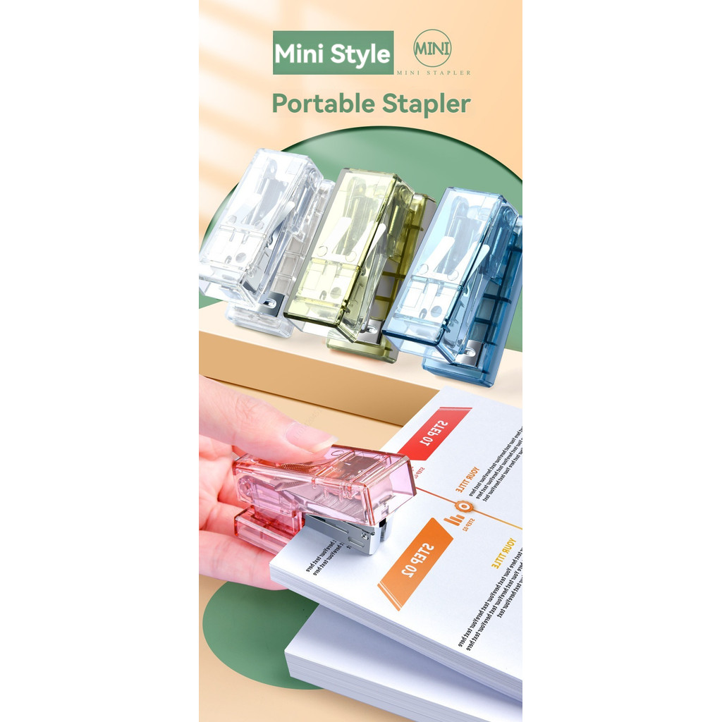 

Mini Stapler with staples Transparent Labor-saving Flexible Book Order Plastic Mini Size Binder Desktop Stapler School Supplies