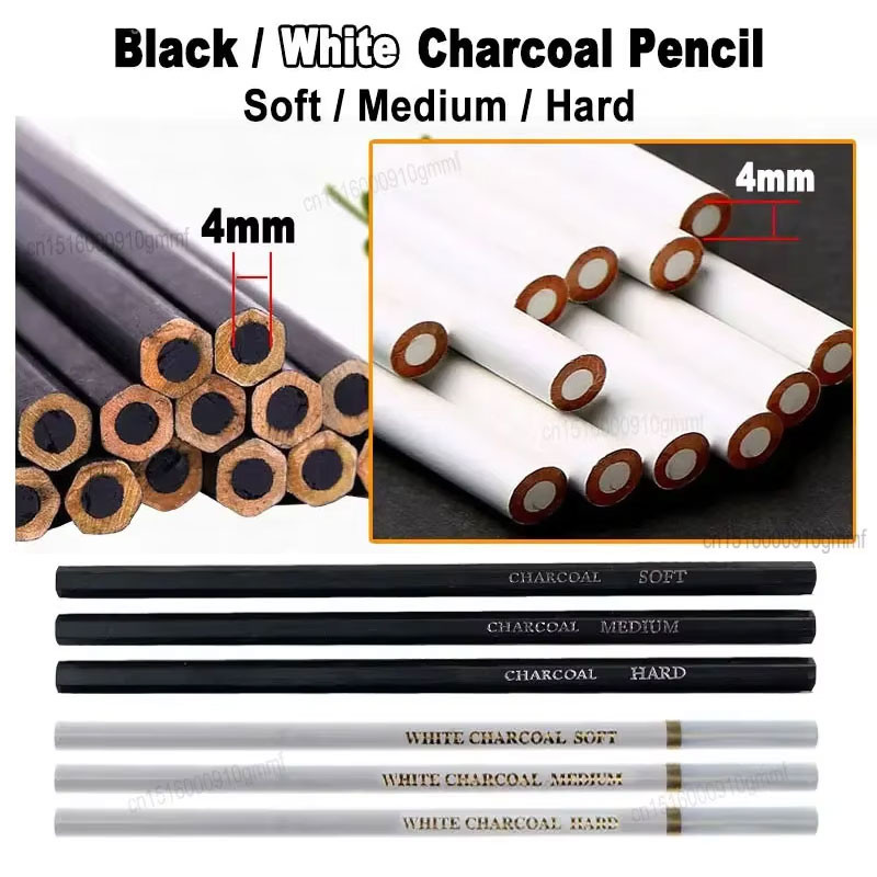 

3Pcs 6Pcs Set Black White Charcoal Pencil Soft Medium Hard 4mm Lead Core Shadow Highlight Details Process For Art Sketch Drawing