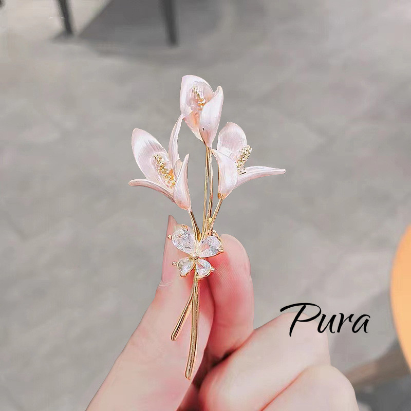 Pura Bros bunga lili tanaman Korea aksesoris bunga yang dilukis dengan tangan wanita pin jas tempera