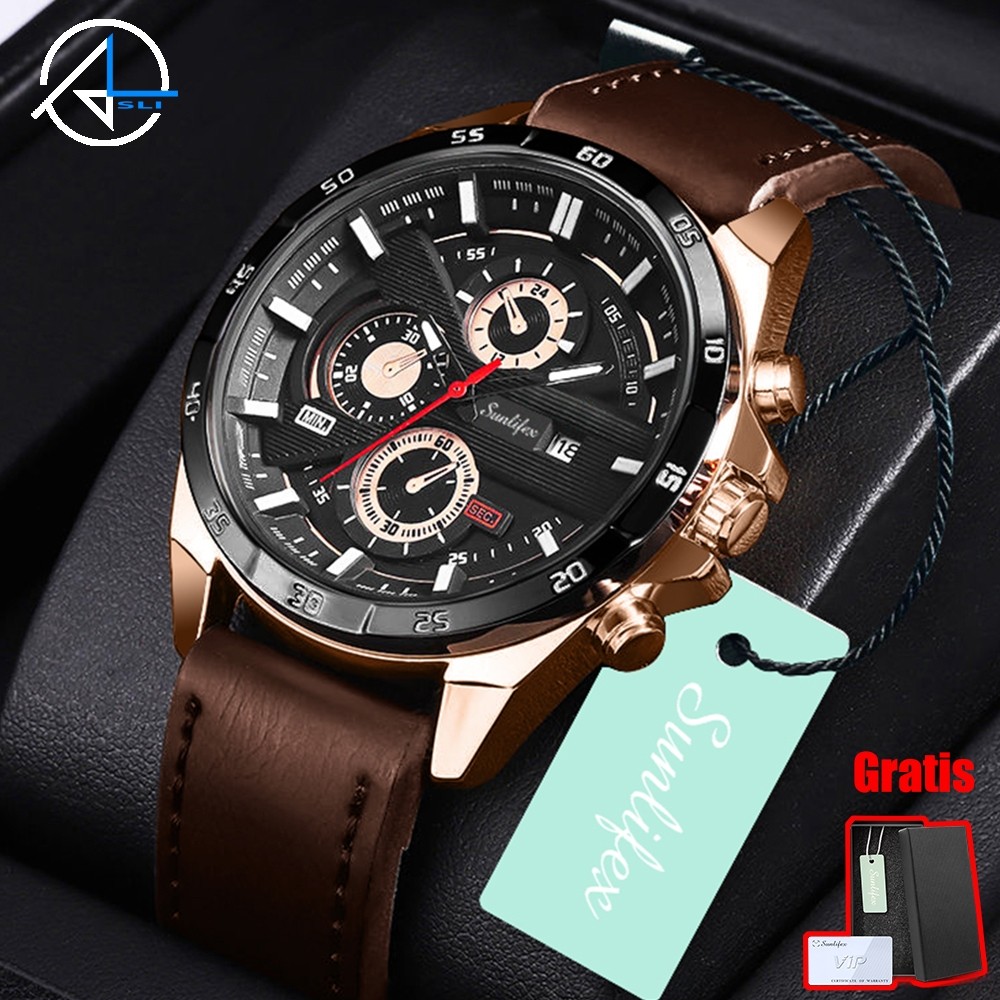 Sunlifex Jam Tangan Pria Original Olahraga Anti Air Pria Tali Kulit Kalender Luminous Jam Tangan Cow