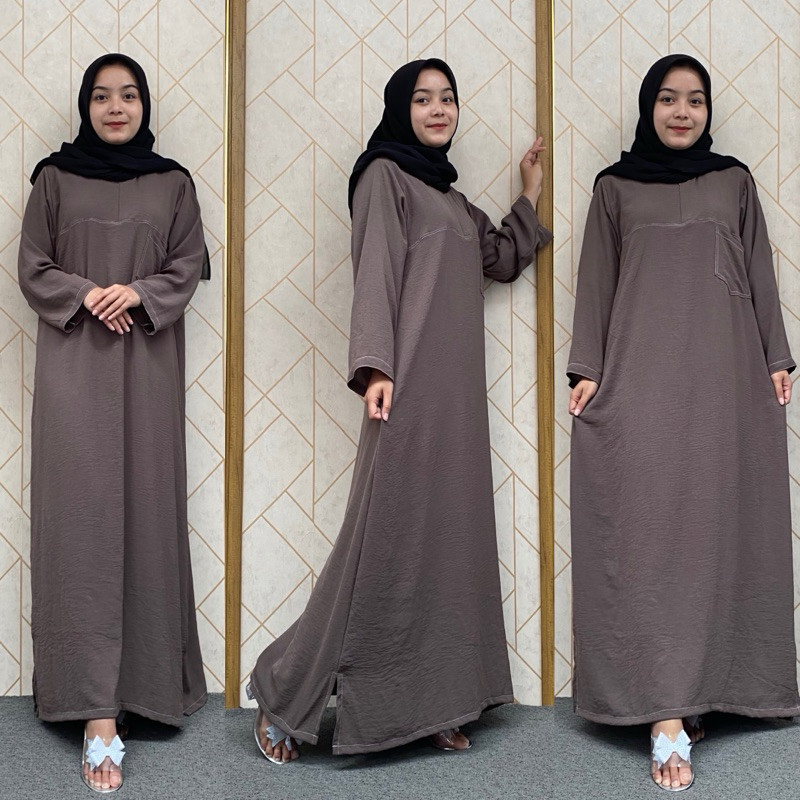 Yura Midi Dress Lengan Panjang Polos - Variasi Stitch Over Deck bahan Crincle Airflow - Gamis Elegan