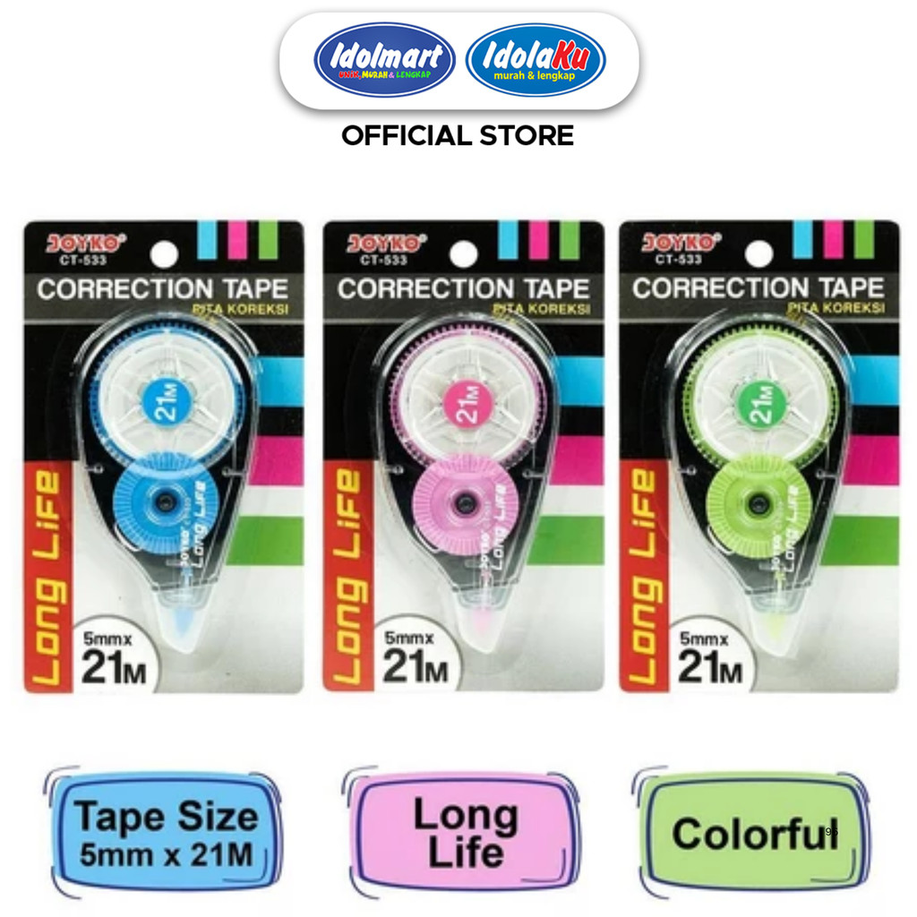 

IDOLMART Joyko Correction Tape CT-533 5mm x 21M Pita Koreksi Panjang Warna Warni