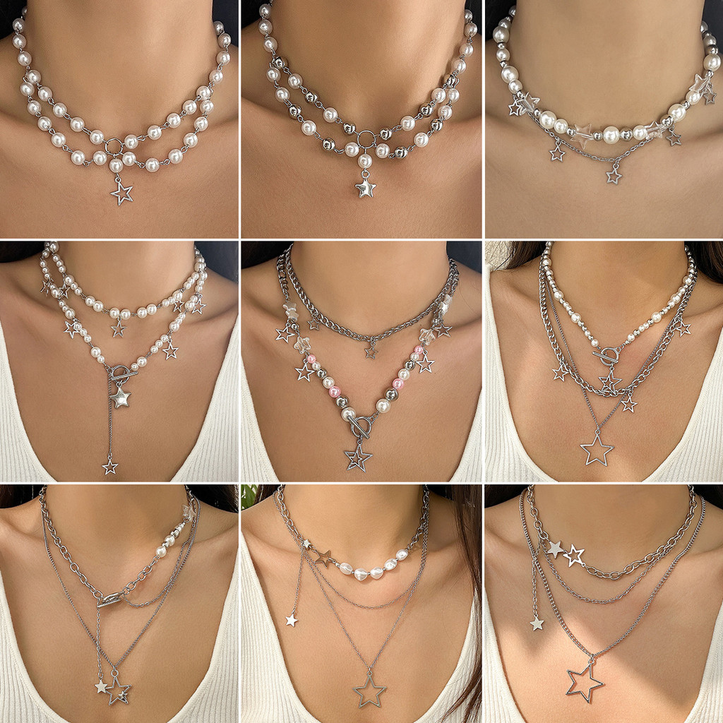 Kalung angin dingin liontin bintang pentagram berlubang tiga lapis kalung bertumpuk