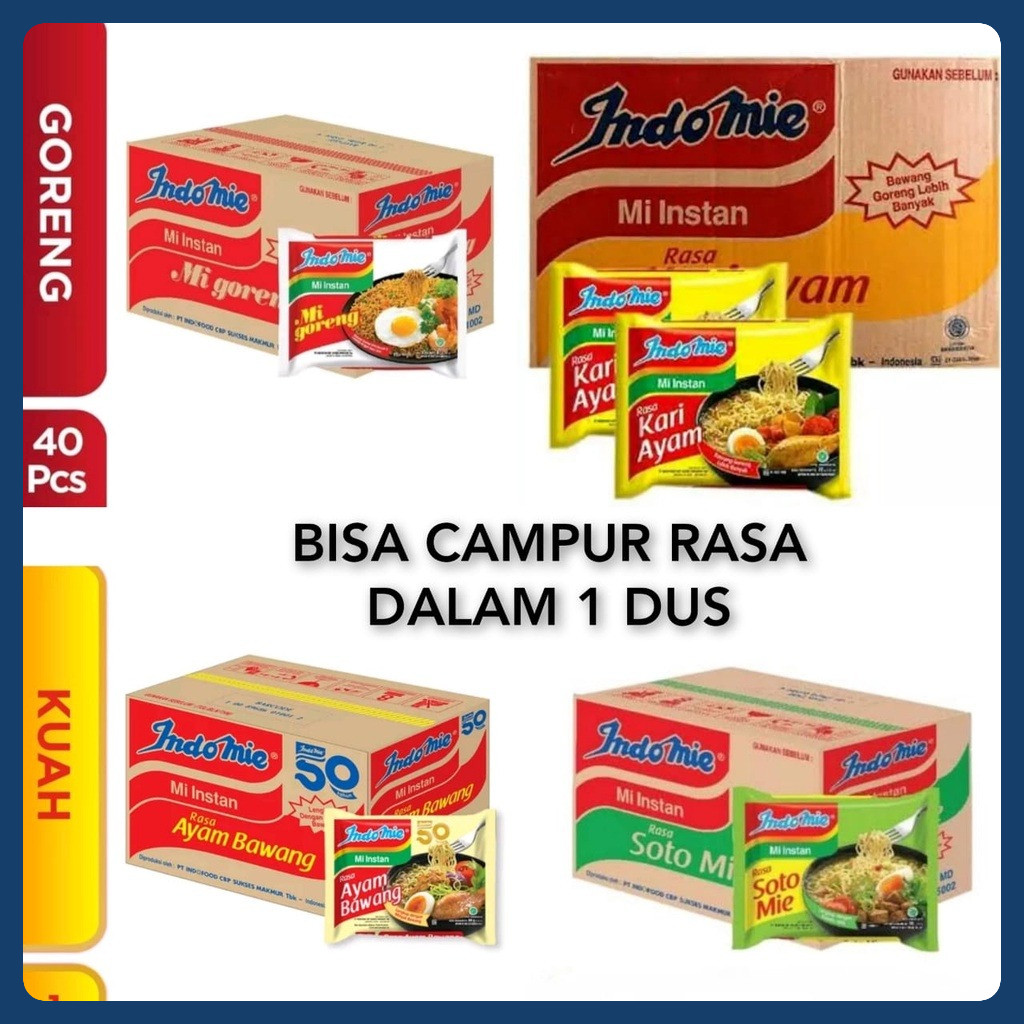 

SB Collection Indomie Goreng , Indomie Soto , Indomie Ayam Bawang, Kari 1 karton / 1 Dus isi 40 Pcs(indomie ) 24 pcs(sarimi isi 2) / Bisa Campur