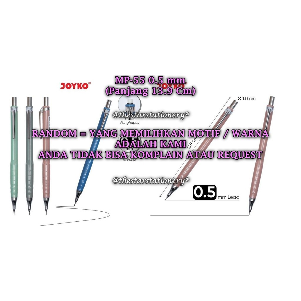 

(1 Biji) GROSIR Pensil Mekanik JOYKO MP-55 0.5 mm RANDOM / Mechanical Pencil Joyko MP-55 (1 Biji)