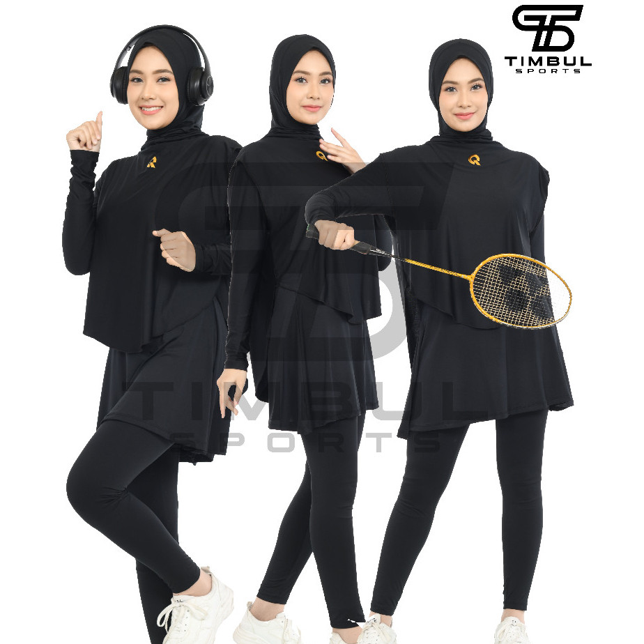 Stelan Baju Olahraga Wanita Muslimah Senam Renang Lari Bersepeda Legging Rok Hijab Rompi