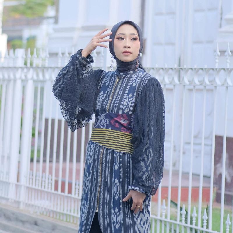 Black Long Dress Outer Tenun Troso  Atasan Panjang Hitam Baju Wanita Casual