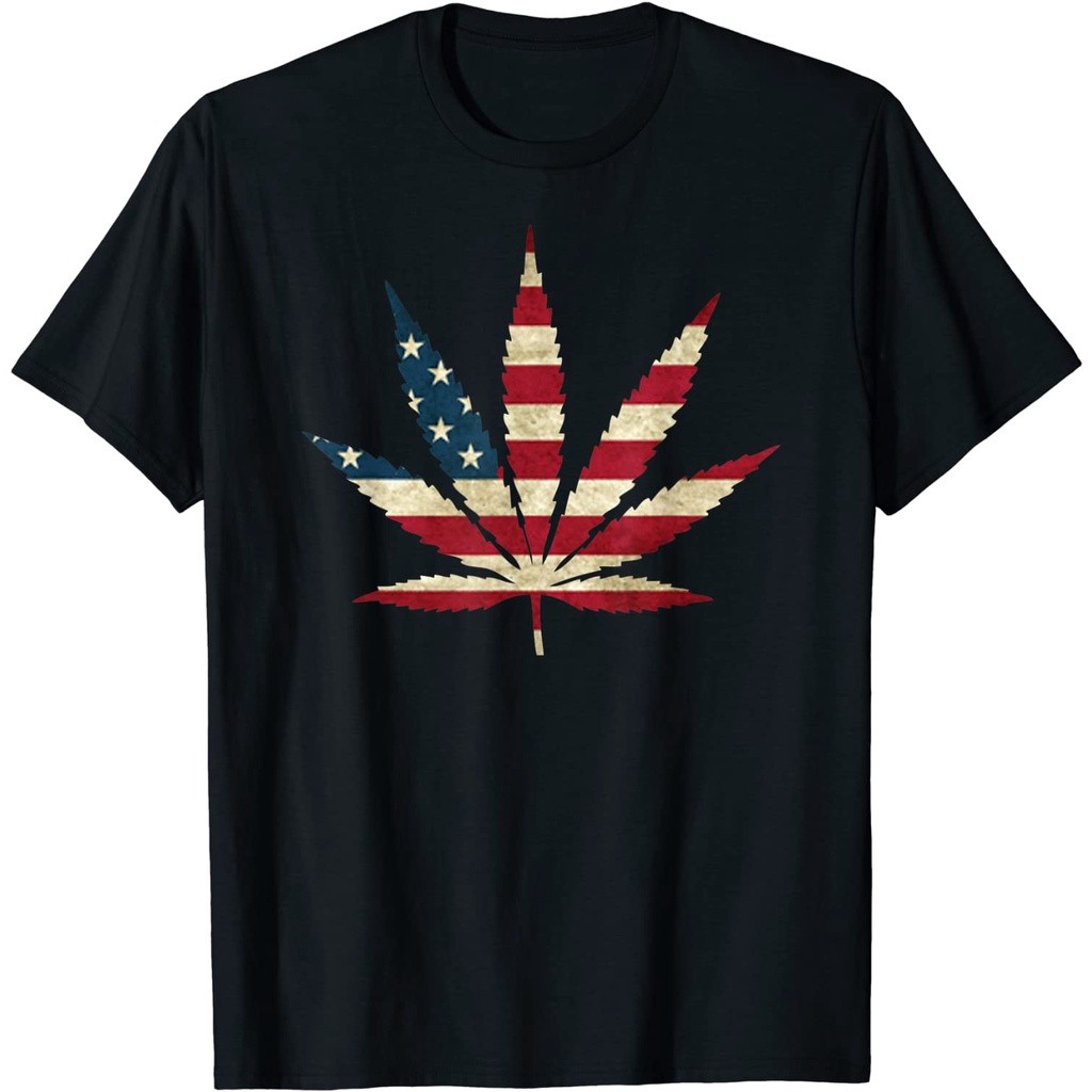 Baju Kaos USA Flag Marijuana Leaf T-shirt - Funny US flag Pot Weed T-Shirt