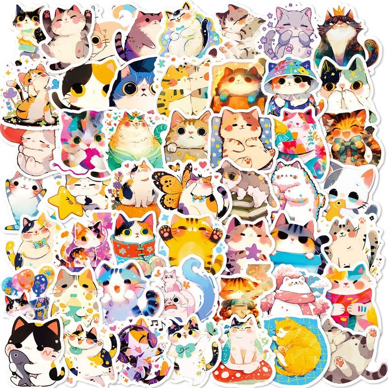 

10/30/50PCS Kawaii Fat Cat Sticky PVC Sticker Aesthetic Stationery DIY Colored Decoration Scrapbooking School Supplies for Kids
