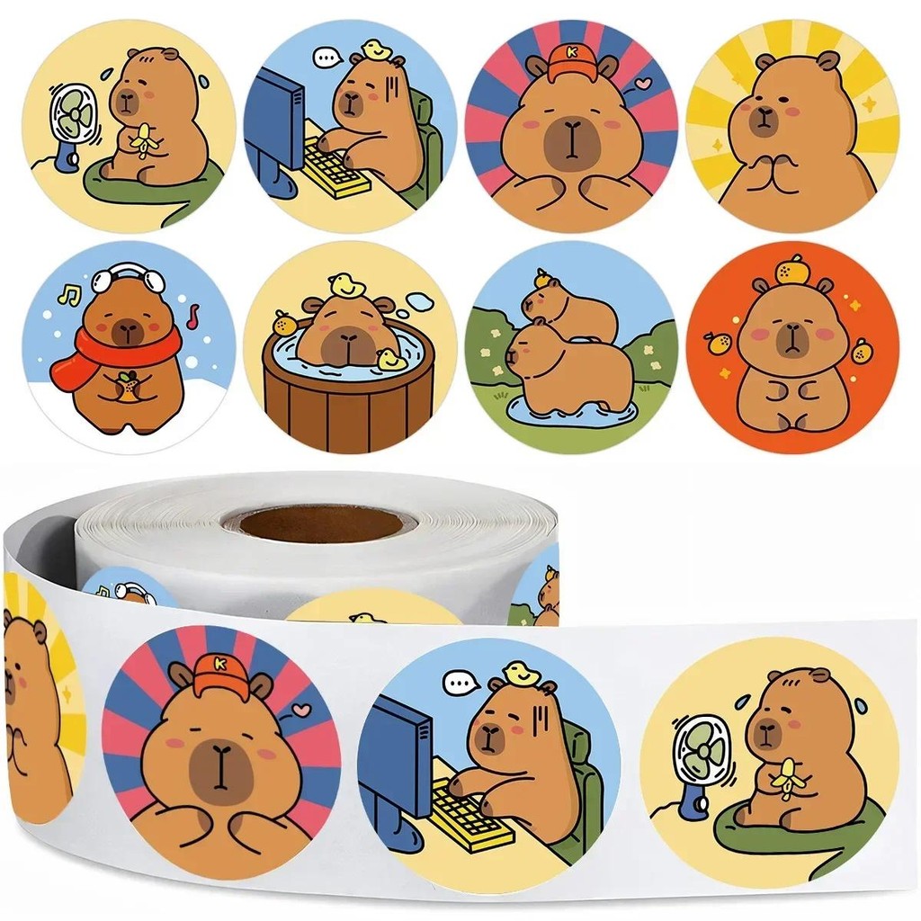 

500Pcs/roll Cute Plump Capybara Sealing Stickers Cartoon Diy Decor Waterproof Graffiti Roll Rolling Lables Kids Stickers Toy