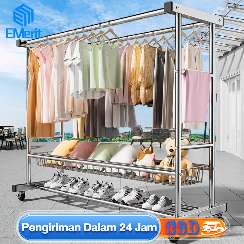 Rak Gantungan Baju Berdiri Stainless Jemuran Baju Besi Kuat Besar Jemuran Baju Stainless Dengan Roda