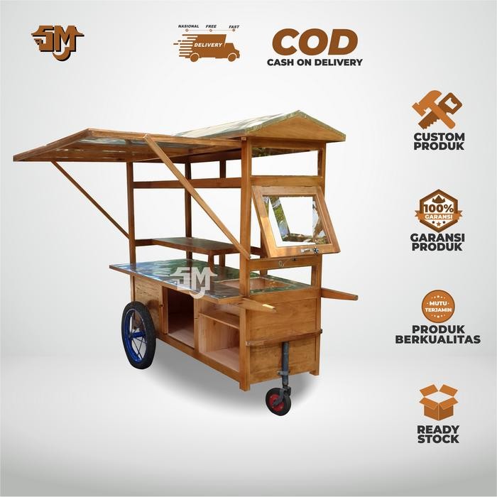 Gerobak Roti Bakar, Martabak , Mendoan, Seblak /Grobak Kayu Jualan - Mahoni, Sederhana